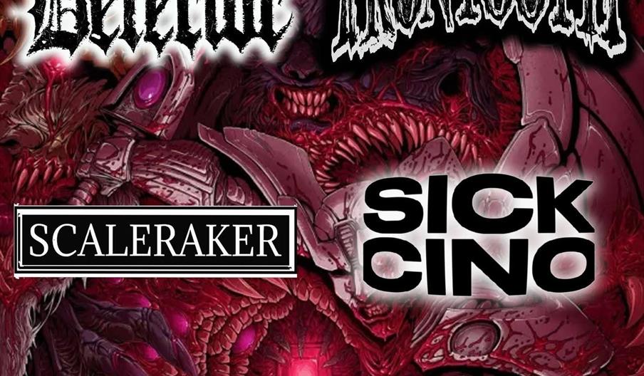 Poster for a Halloween Party event with horror-themed artwork featuring monstrous faces and dark red tones. Band names "Defector," "Irontooth," "Scale
