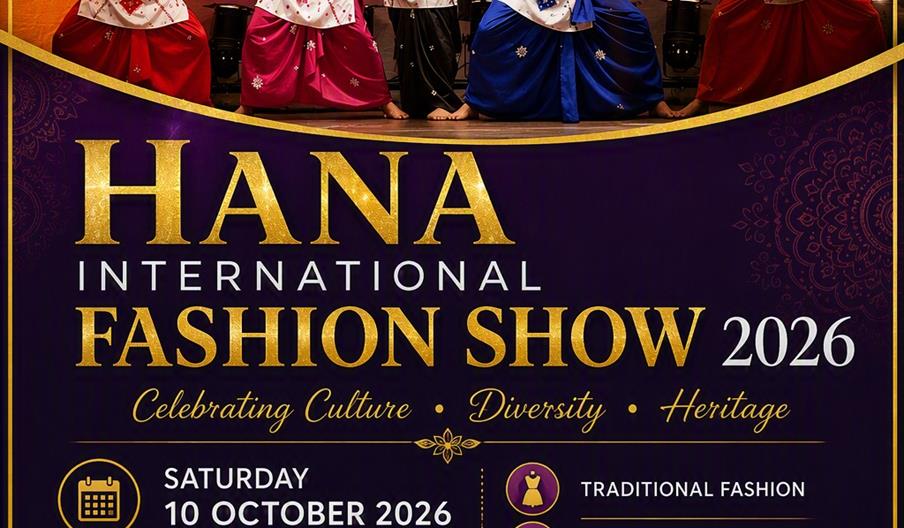 A vibrant poster for the HANA International Fashion Show 2026 features a group of performers in colorful traditional attire posing on stage, with even