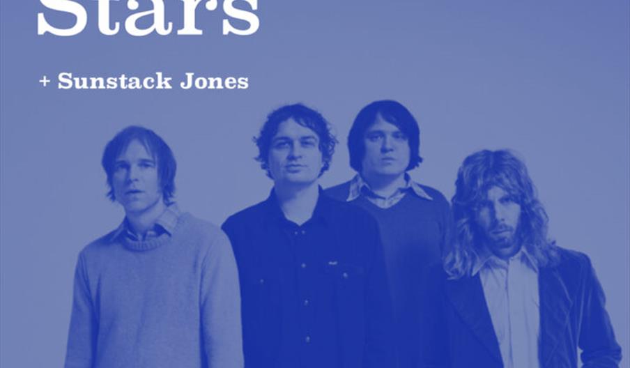 Concert poster for The Hanging Stars with support from Sunstack Jones, featuring a blue-tinted photo of four band members and event details: Thursday,