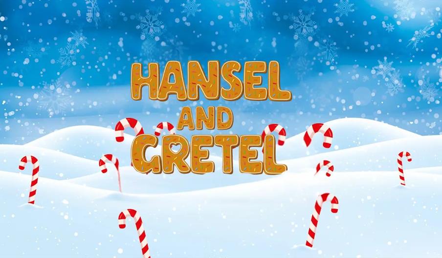 Illustrated text reading "Hansel and Gretel" appears in the center over a snowy landscape with candy canes and snowflakes falling against a blue sky.