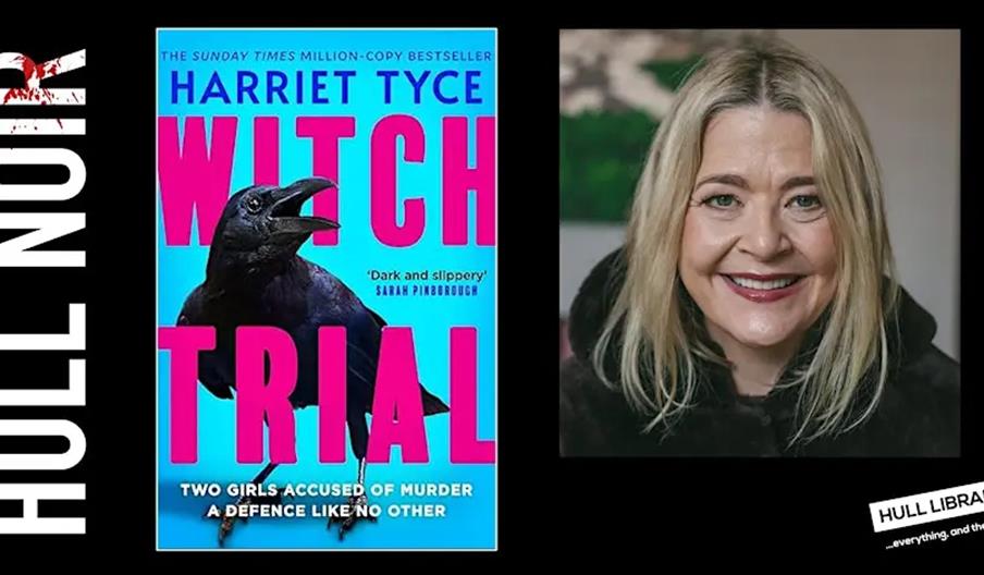 A promotional image for Hull Noir featuring the cover of the book "Witch Trial" by Harriet Tyce on the left and a portrait of a smiling woman with blo