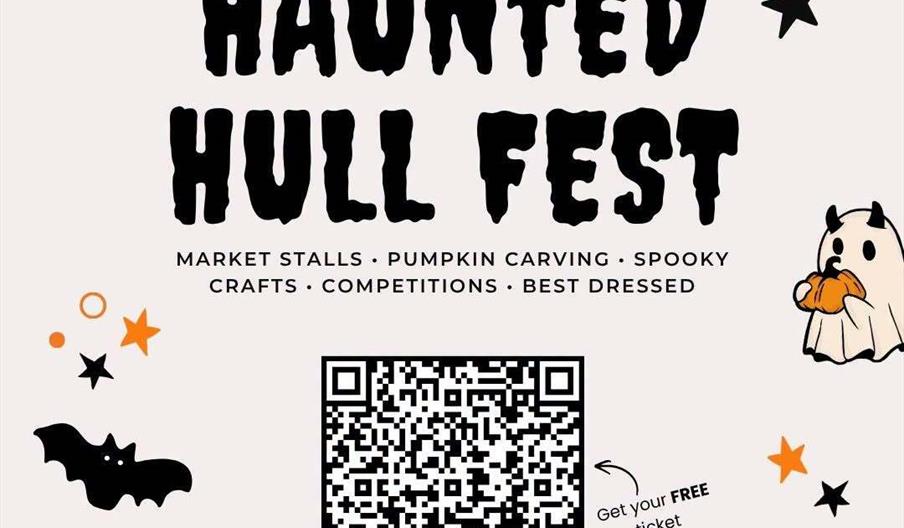 Poster for "Haunted Hull Fest" with Halloween-themed graphics such as pumpkins, bats, ghosts, and spider webs. The event is on October 31 from 11am to