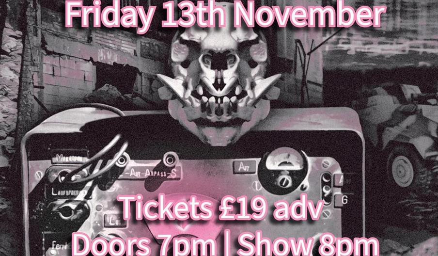 Concert poster for the band Hawklords' "The Signals Tour," announcing a show on Friday 13th November at the Wrecking Ball Arts Centre in Hull. The pos