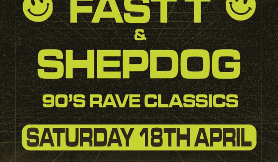 A neon green and black poster advertising a 90s rave classics event called "Heaven's Waltzer," featuring DJs Fast T and Shepdog. The event is on Satur