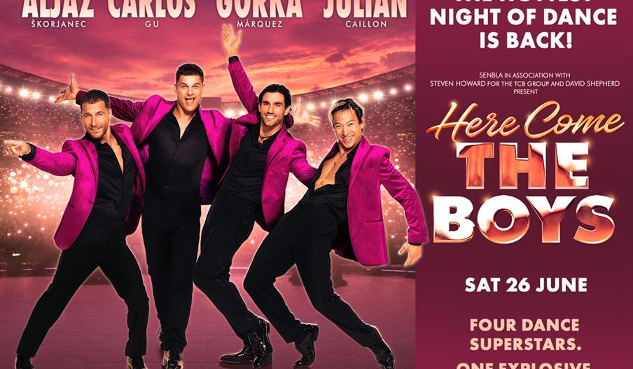 Promotional poster for "Here Come The Boys" featuring four men in magenta jackets and black pants striking dynamic dance poses on a lit stage, with la