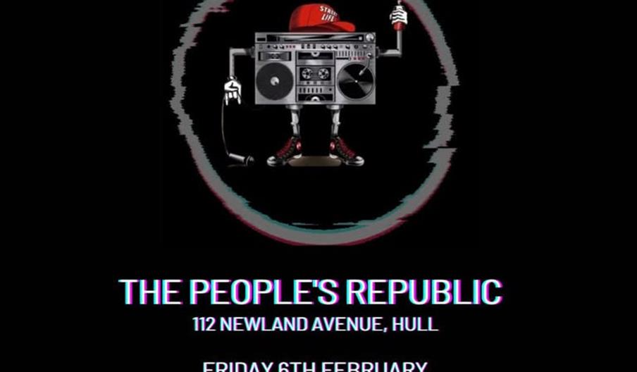 Poster for "Hip Hop Hooray!" at The People's Republic, 112 Newland Avenue, Hull, featuring DJ Chris Tyas and guest MCs, with event dates listed for va