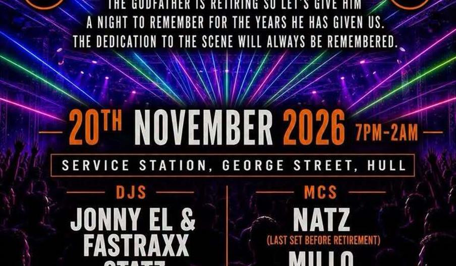 Event poster for "Horizon" featuring bold orange text, laser lights, and a crowd silhouette, announcing MC Natz's last ever set in Hull before retirem
