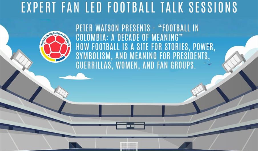 Event poster for "Hospitality Lounge: Expert Fan Led Football Talk Sessions" at The People's Republic, featuring a football stadium illustration. The