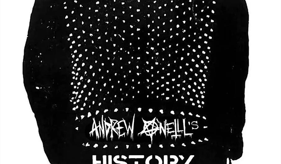 Black and white poster featuring a studded leather jacket with text overlay that reads "Andrew O'Neill's History of Punk." At the bottom, event detail