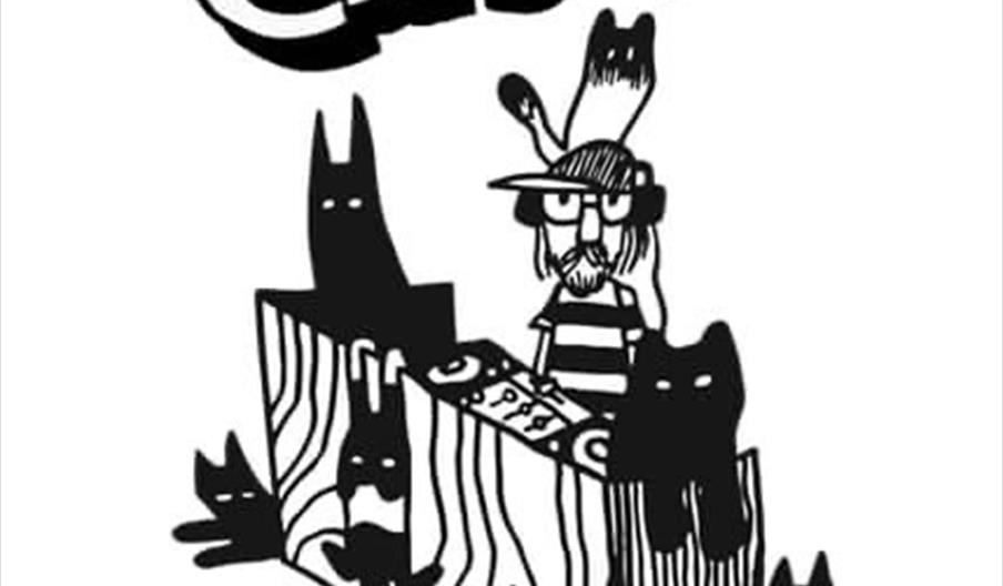 Black and white cartoon drawing of a DJ at a turntable surrounded by six black cats, with the words "House Cats" and paw prints at the top.