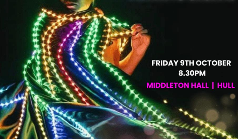 A poster for "House of Pantha: Ferocious Cabaret" features a performer in a dramatic, glowing costume with flowing strips of multicolored LED lights a