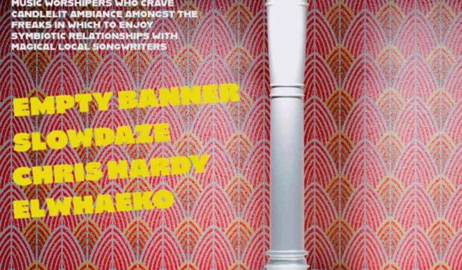 Poster for the "HOWL Autumnal Matinee Show" featuring a lit table lamp against red patterned wallpaper, with event and band details in bold yellow and
