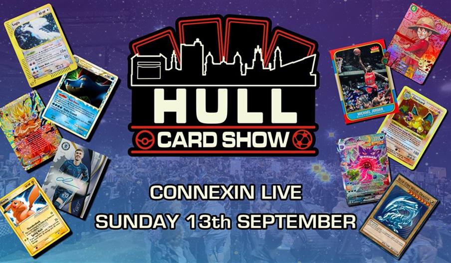 The Hull Card Show logo, on a blue background surrounded by various Trading Cards.