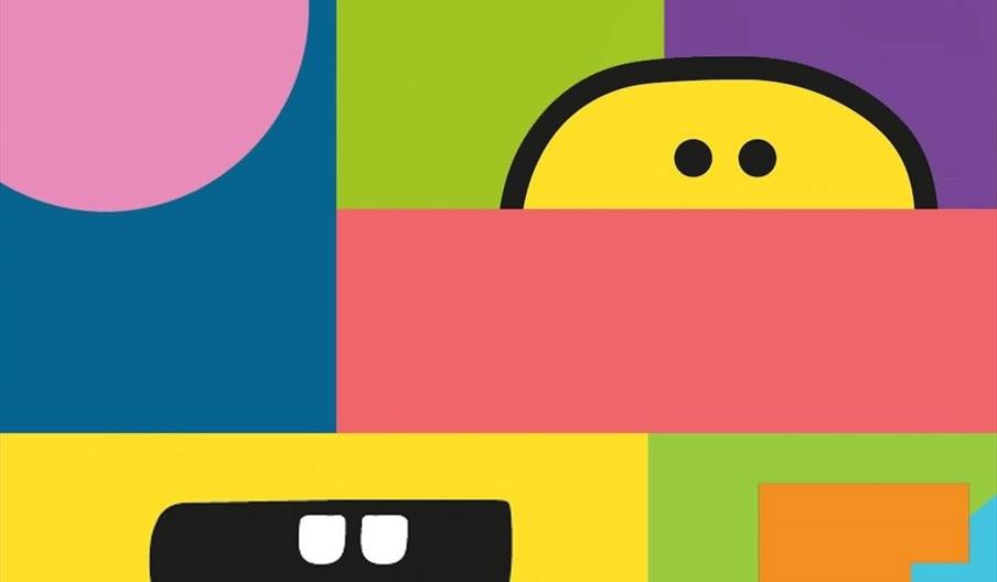 Hull Comedy Fest logo, a series of colourful squares and rectangles mixed up with a smiley face.