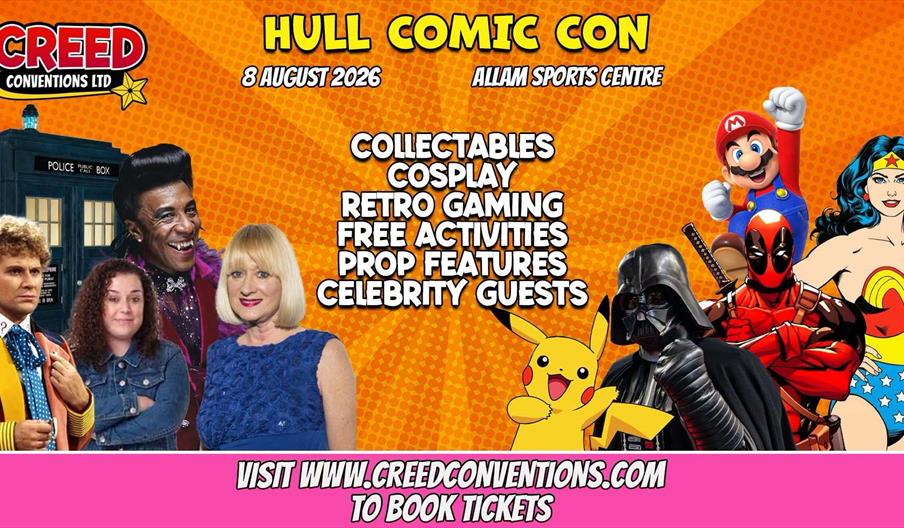 Hull Comic Con banner with various comic book character and pop culture icons.