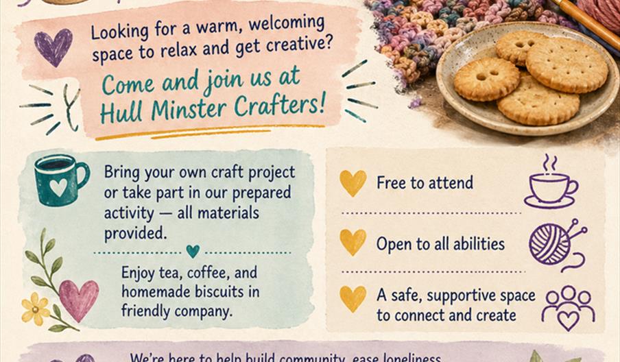 A colourful poster for "Hull Minster Crafters" featuring yarn, knitting needles, a cup labeled "Creativity Connects Community," a plate of biscuits, a