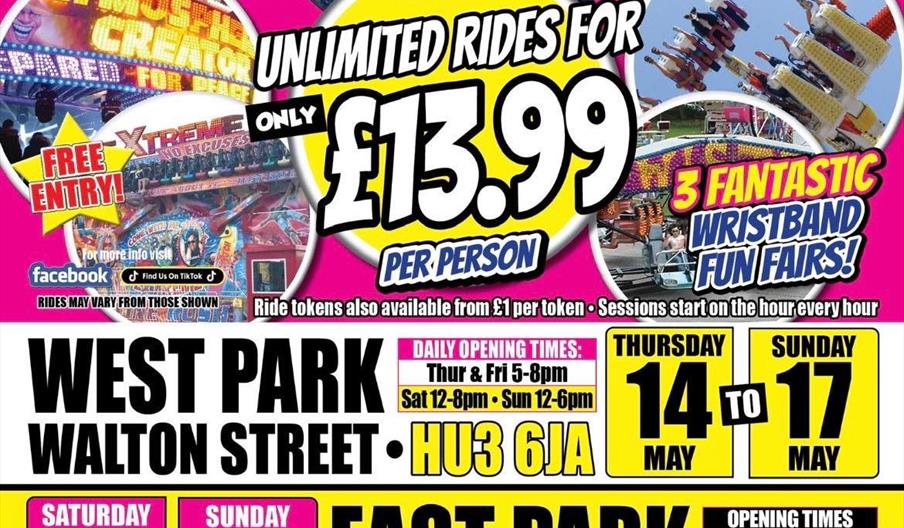 Colourful poster advertising Hull wristband fun fairs with unlimited rides for £13.99 per person and free entry, featuring dates, locations (West Park