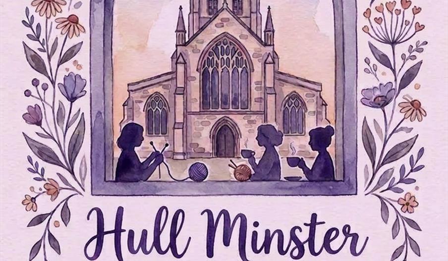 A colourful poster for "Hull Minster Crafters" featuring yarn, knitting needles, a cup labeled "Creativity Connects Community," a plate of biscuits, a