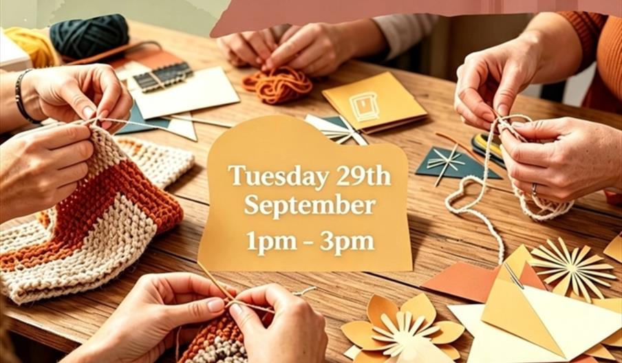 A promotional poster for "Hull Minster Crafters" shows a group of people crafting with yarn and paper at a table. Text on the poster invites viewers t