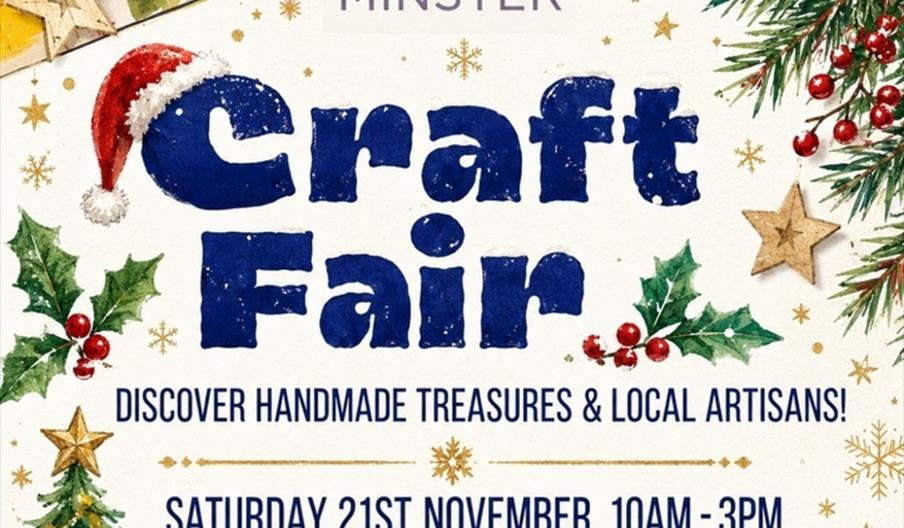 Festive poster for a Craft Fair at Hull Minster, featuring illustrated Christmas decorations, presents, and craft items. Event details: Saturday 21st