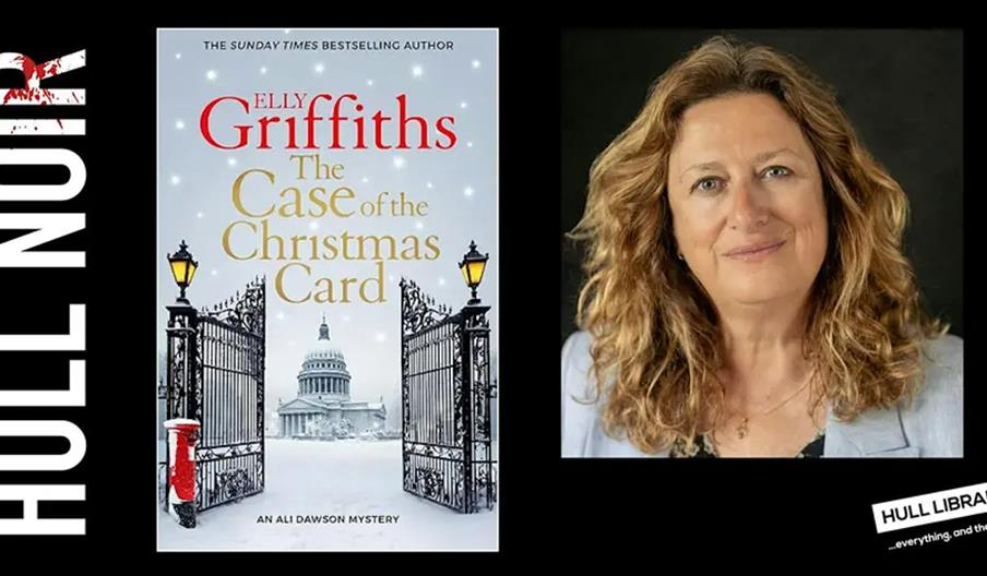 A promotional image featuring the book cover of "The Case of the Christmas Card" by Elly Griffiths, showing ornate gates opening toward a domed buildi