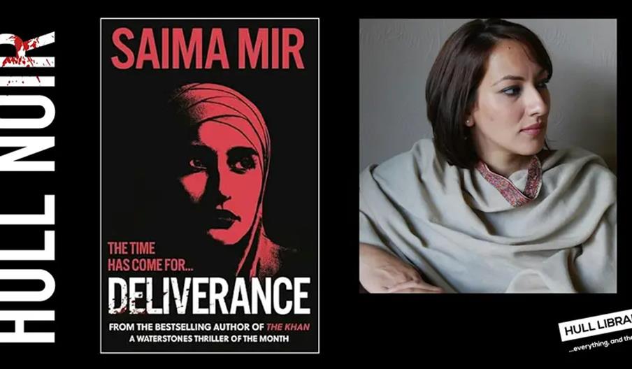 A promotional image features the cover of Saima Mir's book "Deliverance" on the left and a portrait of Saima Mir looking to the side on the right. The