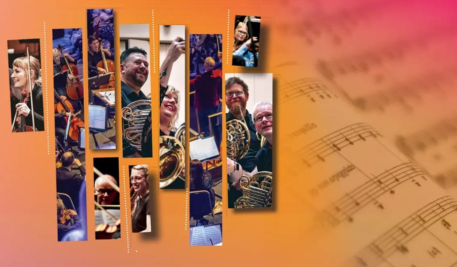 Collage of musicians playing instruments such as violins, horns, and cello, with images arranged in vertical strips against an orange background that