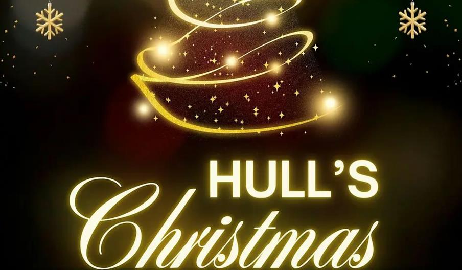 A festive poster for Hull's Christmas Market features a glowing, stylized Christmas tree made of golden light spirals, with snowflakes and sparkles on