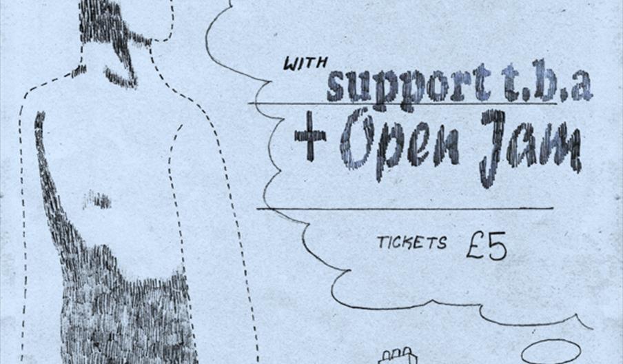A hand-drawn concert flyer features a sketch of a person with a hat in profile on the left and a brick building with a chimney on the bottom right. Th