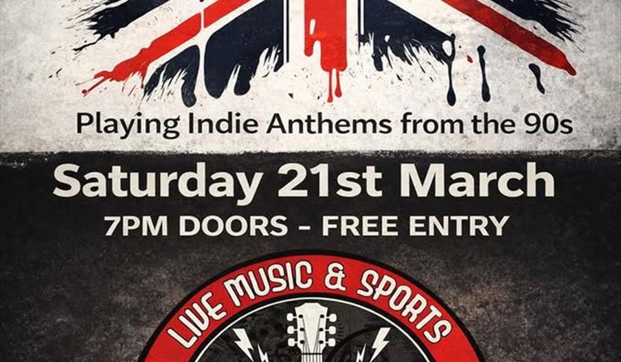 Promotional poster for an event featuring "InD90's," a band playing indie anthems from the 90s, with a stylized Union Jack background. The event is on