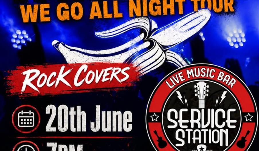 Promotional poster for the "Innuendo We Go All Night Tour" rock covers event, featuring bold text with the date (20th June), time (7PM), free entry, a