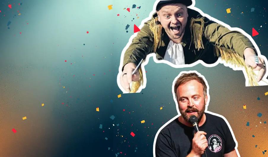 Collage of two men outlined in white on a confetti-speckled blue background; the top man is enthusiastically reaching forward with a fork, while the b