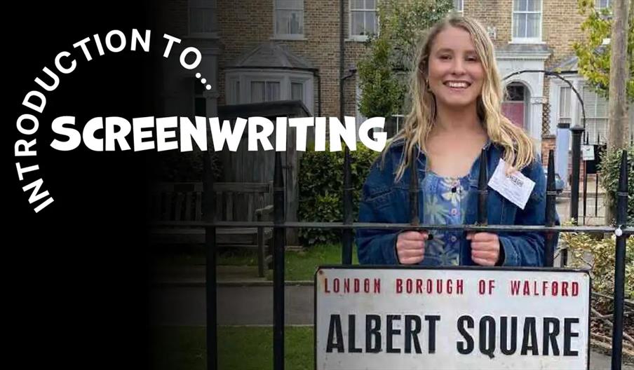 A smiling person stands behind a fence holding an "Albert Square" street sign from the London Borough of Walford, with the text "Introduction to Scree