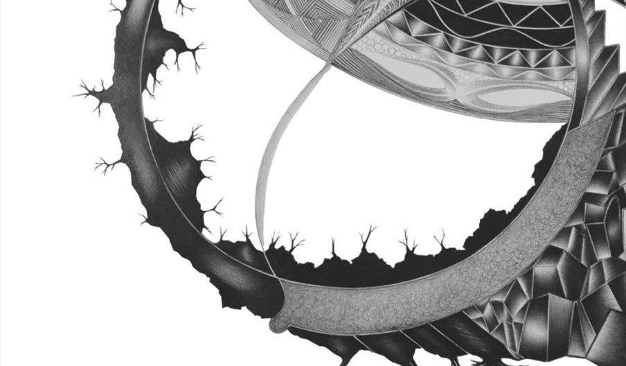 Abstract black and white drawing featuring a large circular form with jagged, organic edges and root-like extensions radiating outward, combined with