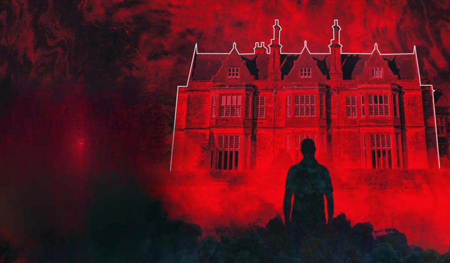 A dark silhouette of a person stands in front of a large, old mansion outlined in white, with an intense red and black cloudy background creating an e
