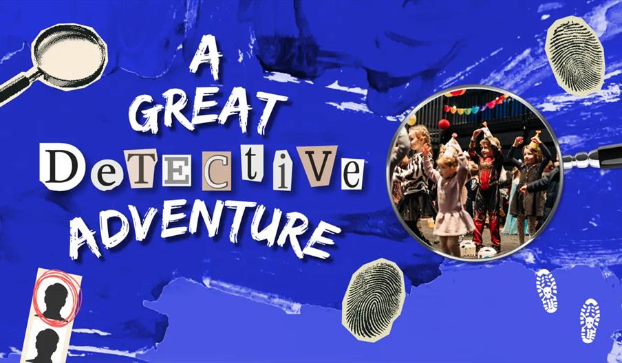 A blue graphic features the words "A Great Detective Adventure" in playful, mixed-font lettering. A large magnifying glass highlights a group of child