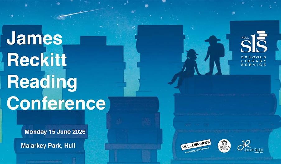Illustrated poster for the James Reckitt Reading Conference features large book stacks forming a cityscape under a starry night sky, with two silhouet