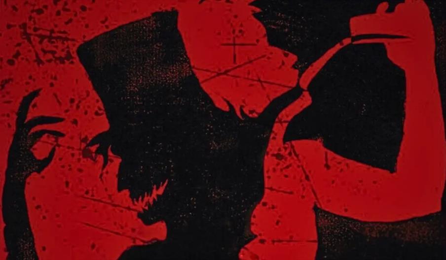 Stylized red and black illustration showing two sinister, shadowy figures in profile facing each other; the figure on the left has a monstrous grin an