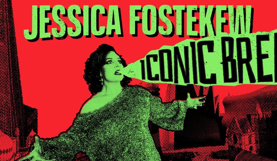 A stylized poster featuring a woman with curly hair and an expressive pose, with large green and black text above and beside her reading "Jessica Fost