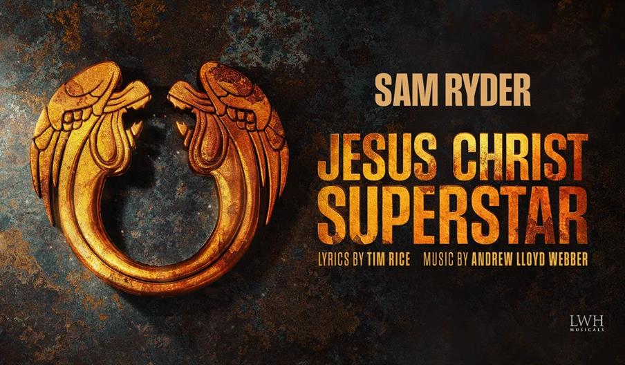 Poster for "Jesus Christ Superstar" featuring a large golden ring with two stylized snake heads, the name Sam Ryder, and text crediting lyrics by Tim