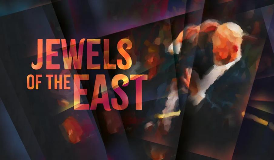 Abstract art image with the text "Jewels of the East" in large, bold, orange-yellow letters, overlaid on a blurred, multicolored background featuring