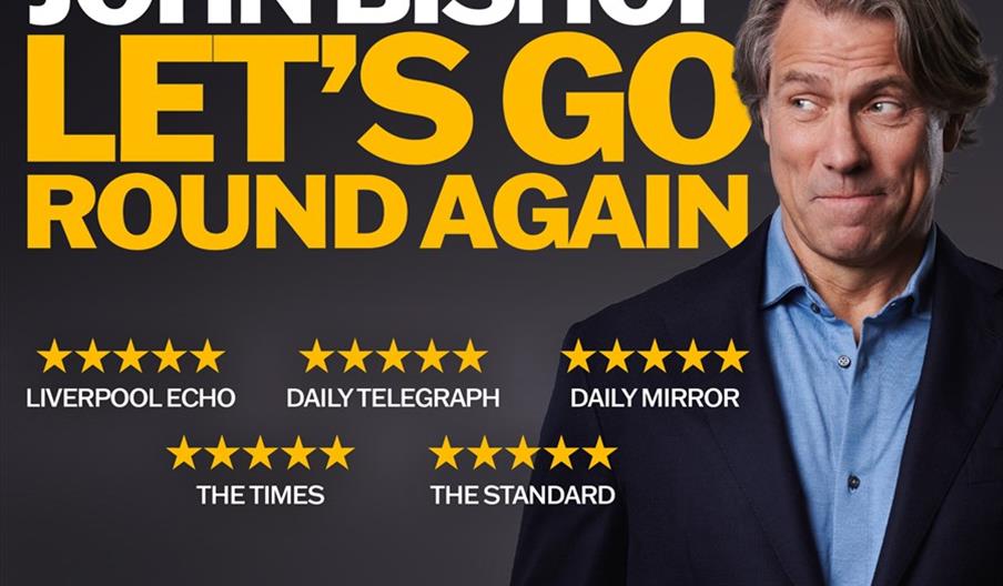 Promotional poster for comedian John Bishop's 2027 UK tour titled "Let's Go Round Again," featuring a photo of John Bishop on the right, multiple five