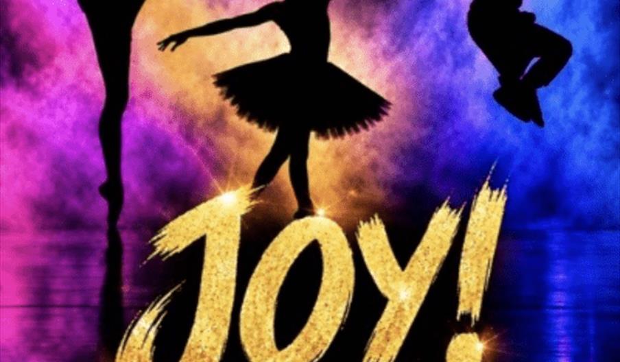 Poster for the "Butterfly Dance" show titled "JOY!" with silhouettes of three dancers—one doing a split leap, a ballerina, and a hip-hop dancer—agains