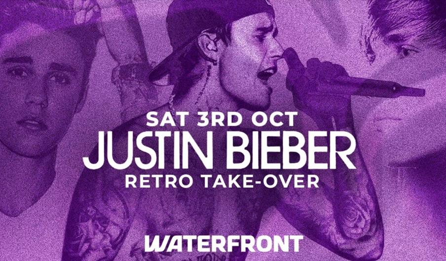 Promotional poster with a purple tint featuring three images of Justin Bieber, with large text reading "Sat 3rd Oct, Justin Bieber Retro Take-Over" an