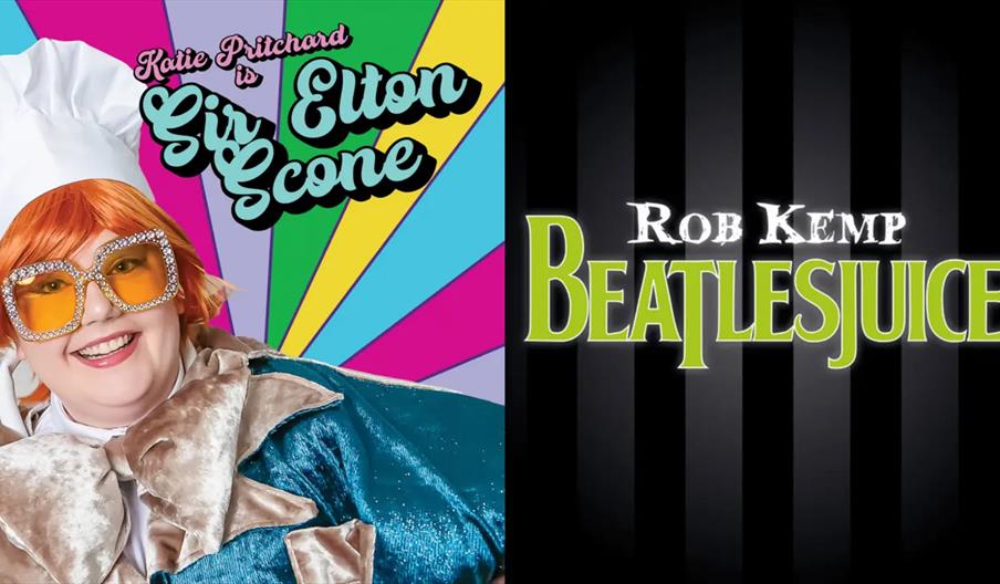 A split image with two comedy show posters: on the left, a person dressed in a flamboyant chef outfit with large orange glasses and a chef hat, set ag