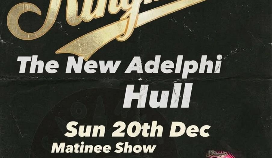 Concert poster reads: "Kingmaker. The New Adelphi Hull. Sun 20th Dec. Matinee Show." The background is black with gold and white text, and there are t
