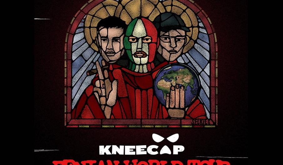 Illustration styled like a stained glass window depicting three figures; the central figure wears a multi-colored mask and holds a globe, while the ot