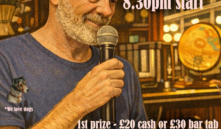 A poster for a quiz night at The Alexandra Hotel features an illustration of a smiling man with a beard holding a microphone. Text details the event a