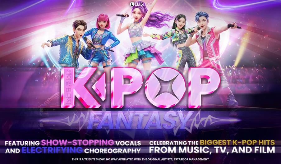 Animated K-pop group characters pose in colorful, futuristic outfits on a concert stage with bright lights, above large pink and purple text that read
