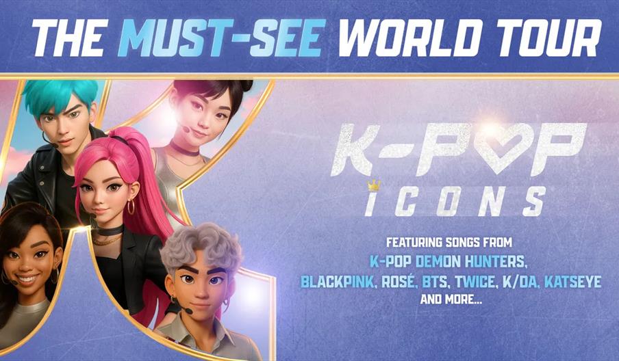 Promotional image for a world tour featuring animated characters with colorful hair and headsets on the left, and bold text on the right that reads, "